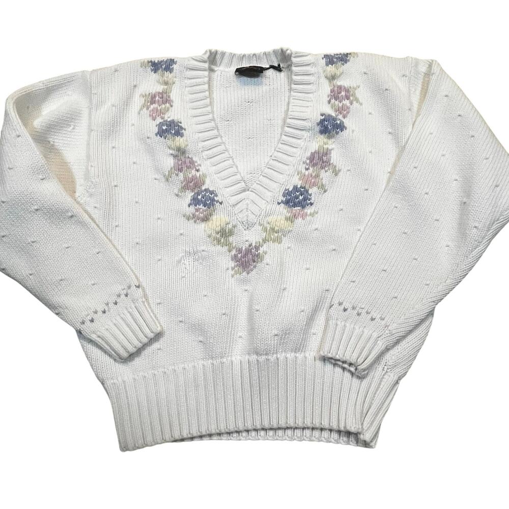 Vintage Lizsport Women M Floral Knit Sweater Cottagecore Pastel Grandpa Core